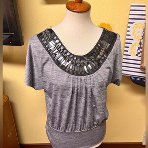EUC Grey Top With Bling Collar Open Back Size M. #YC24